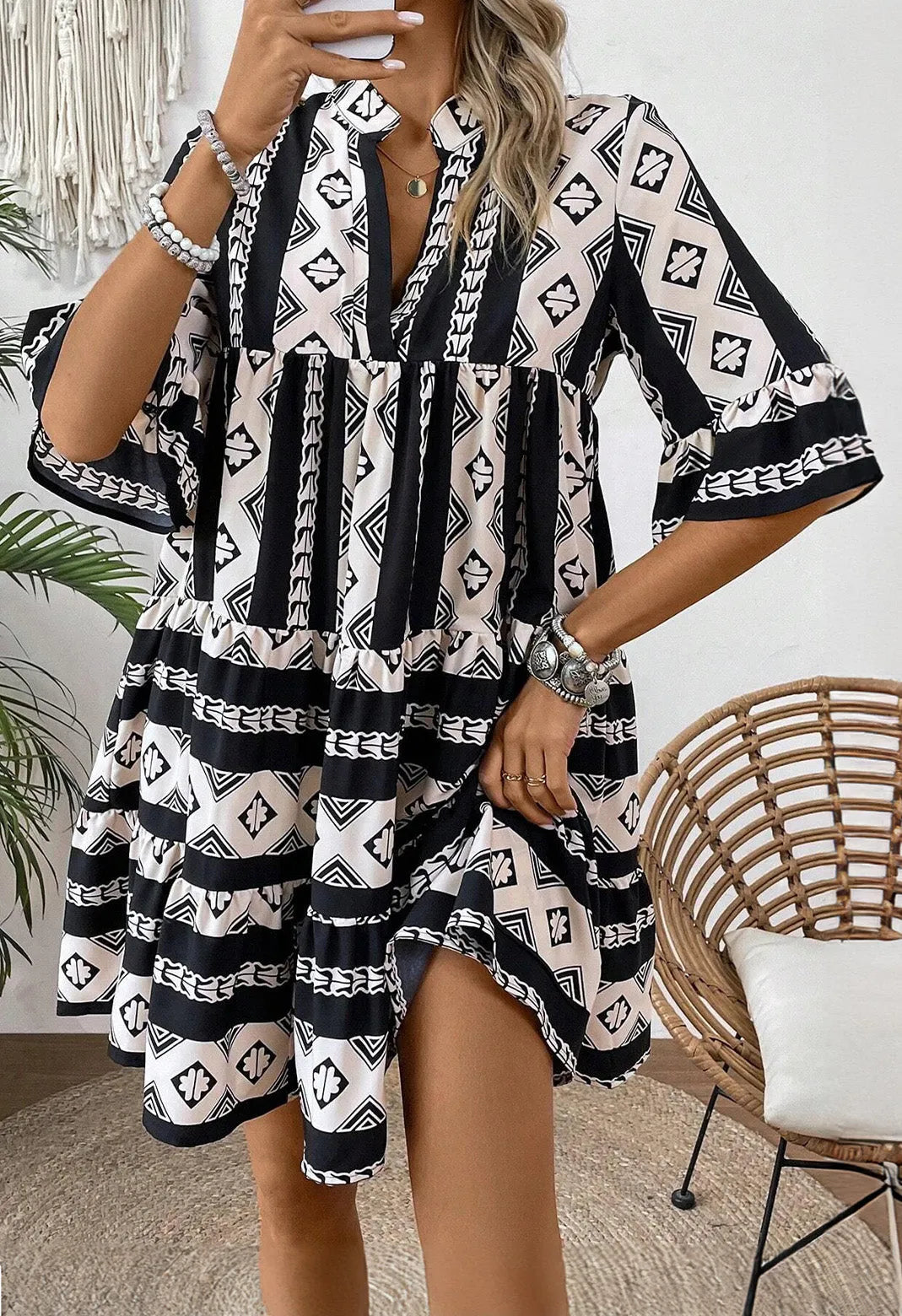 Black Geometric Print V Neck Ruffled Dress - Chic Meadow Boutique 