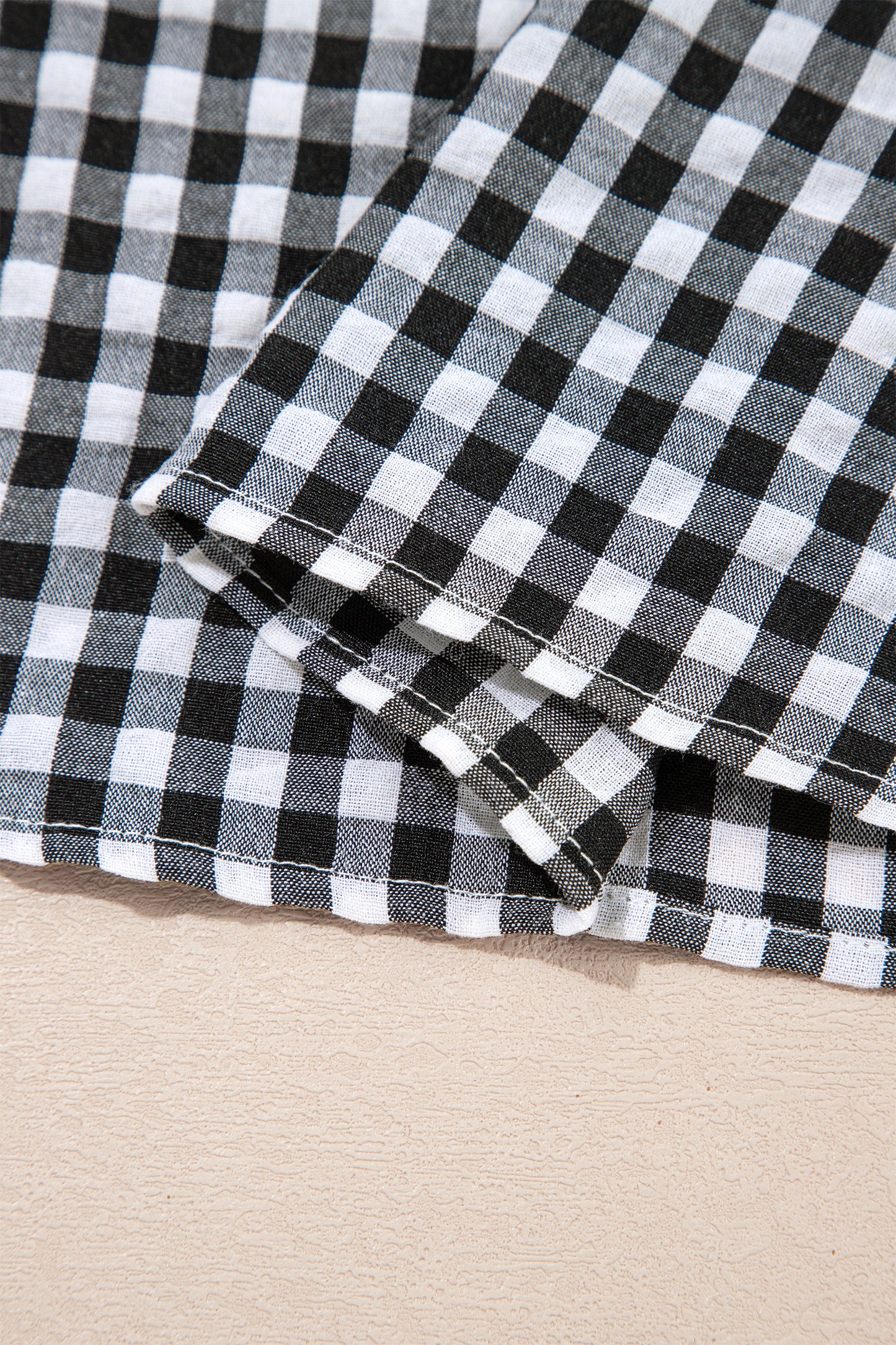 Black Plaid Short Puff Sleeve Frilled Neck Blouse