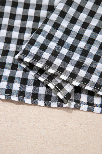 Black Plaid Short Puff Sleeve Frilled Neck Blouse