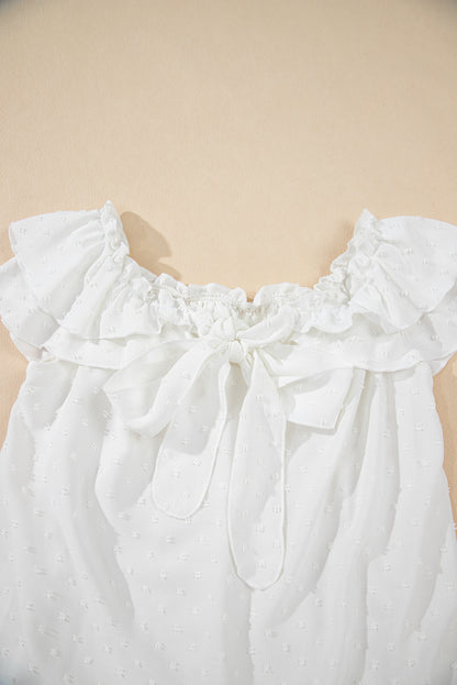 White Off Shoulder Ruffle Knotted Detail Swiss Dot Blouse