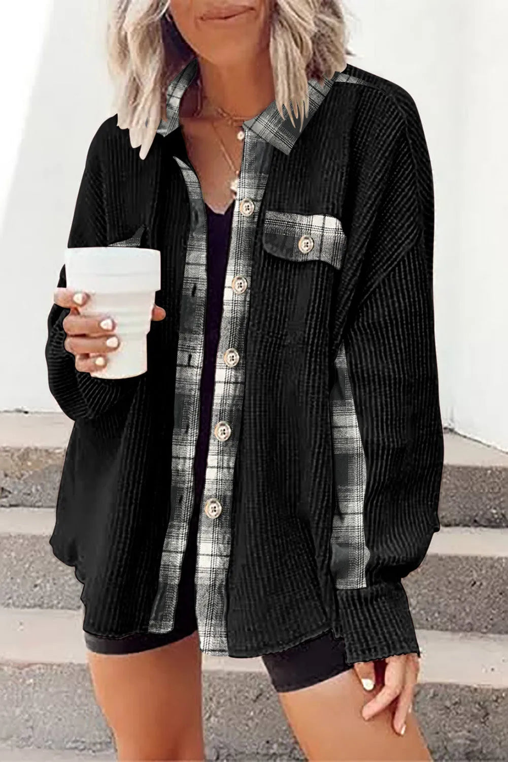 Black Plaid Patchwork Waffle Thermal Knit Shacket - Chic Meadow Boutique 