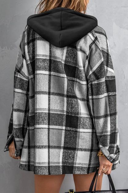 Gray Hooded Plaid Button Front Shacket - Chic Meadow Boutique 