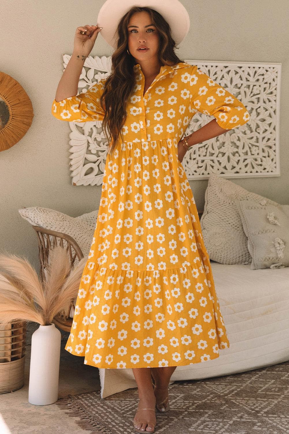 Dresses/Maxi Dresses Yellow Flower Print Bracelet Sleeve Buttons Collared Maxi Dress