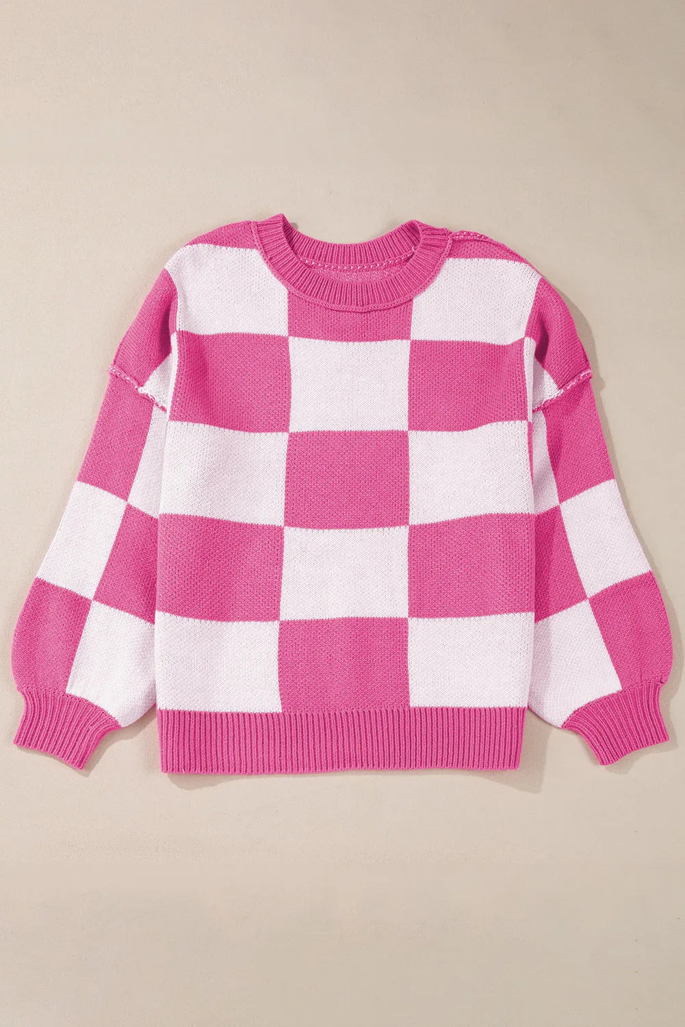 Rose Stripe Checkered Bishop Sleeve Sweater - Chic Meadow Boutique 