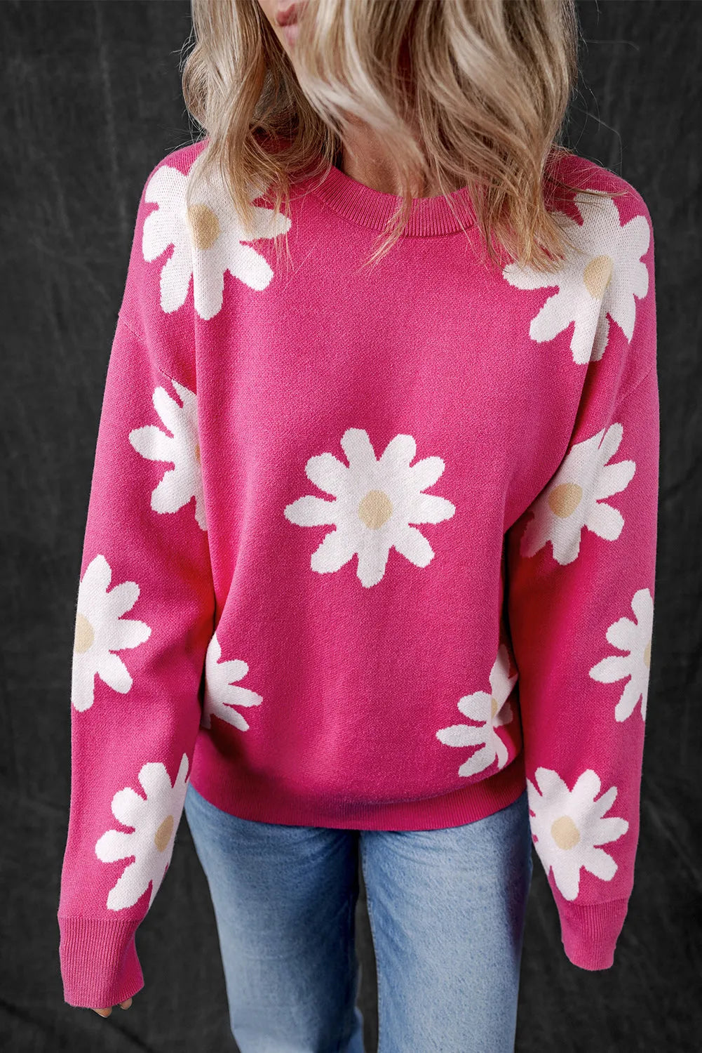 Bright Pink Daisy Flower Crew Neck Long Sleeve Sweater - Chic Meadow Boutique 