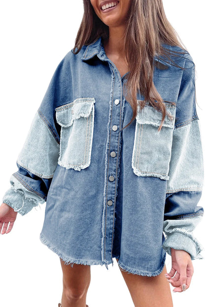 Blue Color Block Frayed Patchwork Oversize Denim Jacket - Chic Meadow Boutique 