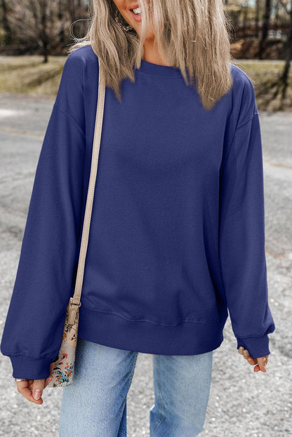 Tops/Sweatshirts & Hoodies Navy Blue Plain Drop Shoulder Crewneck Pullover Sweatshirt