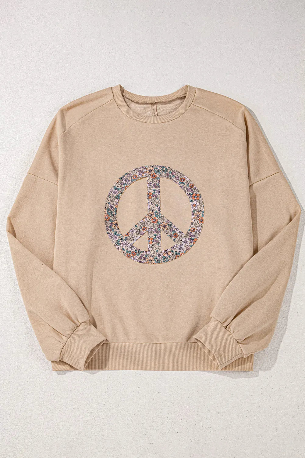 Pale Khaki Floral Peace Sign Graphic Washed Terry Plus Size Sweatshirt - Chic Meadow Boutique 