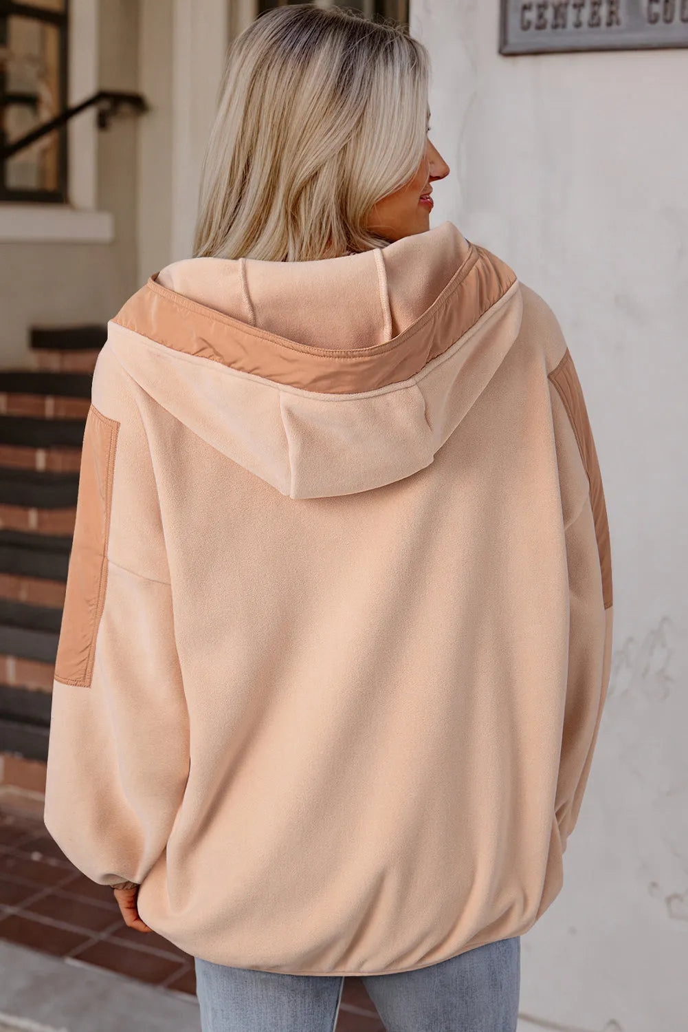 Light French Beige Colorblock Patchwork Half Zip Oversized Sherpa Hoodie - Chic Meadow Boutique 