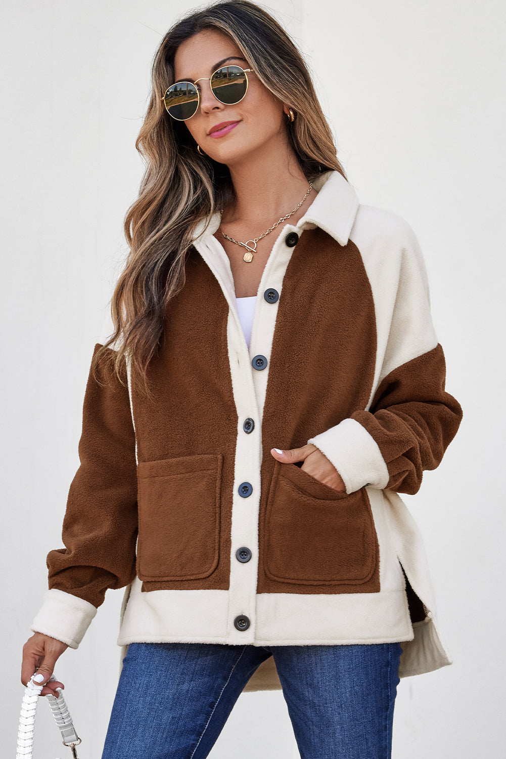 Brown Color Block Patchwork Button Down Fleece Shacket