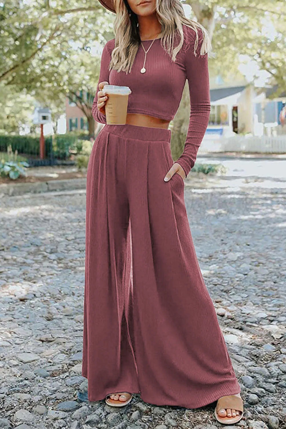 Solid Color Ribbed Crop Top Long Pants Set - Chic Meadow Boutique 