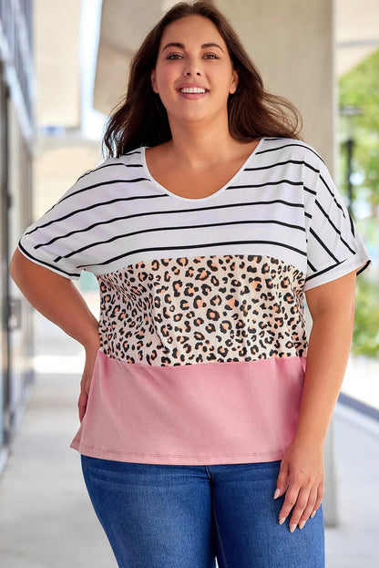 Striped Leopard Color Block Plus Size T-Shirt - Chic Meadow Boutique 