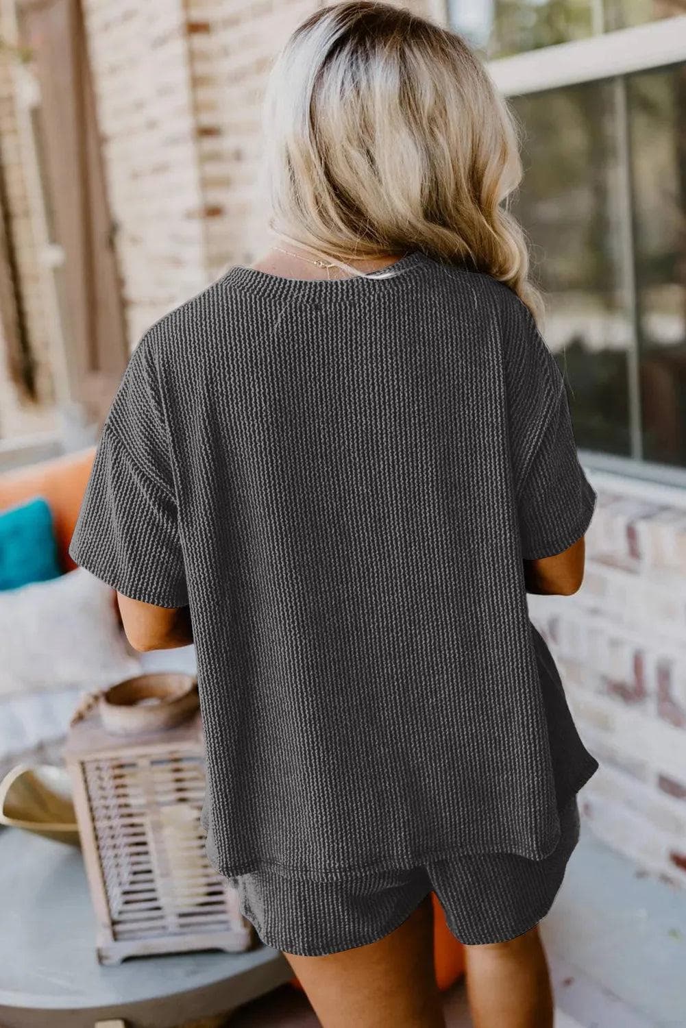 Carbon Grey Ribbed Textured Knit Loose Fit Tee and Shorts Set - Chic Meadow Boutique 