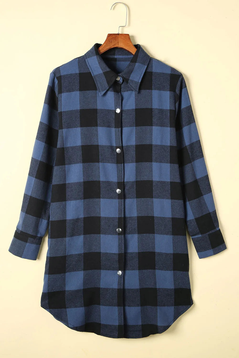 Blue Turn-down Collar Plaid Shirt Jacket - Chic Meadow Boutique 