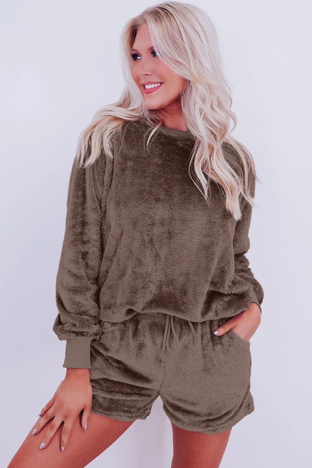 Coffee Solid Loose Fit Two Piece Fleece Lounge Set - Chic Meadow Boutique 