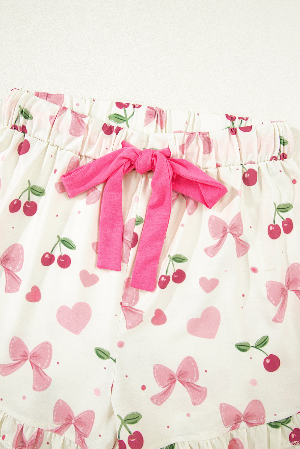 Beige Bow Fruit Print Contrast Pipping Short Pajamas Set