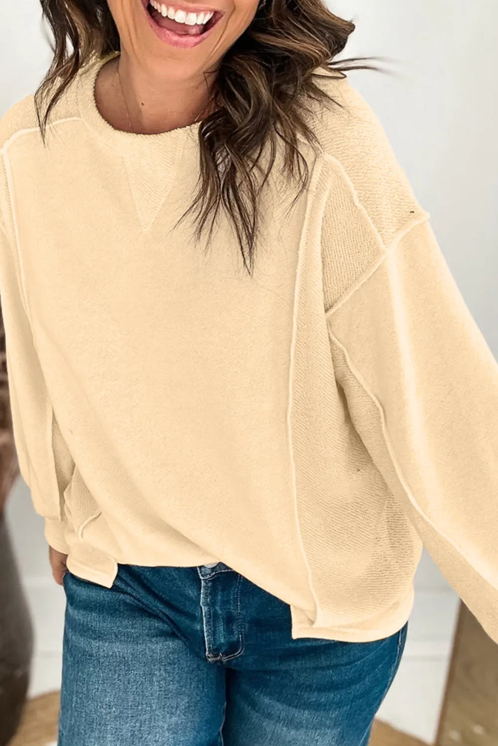 Beige Splicing Round Neck Pullover Sweatshirt - Chic Meadow Boutique 