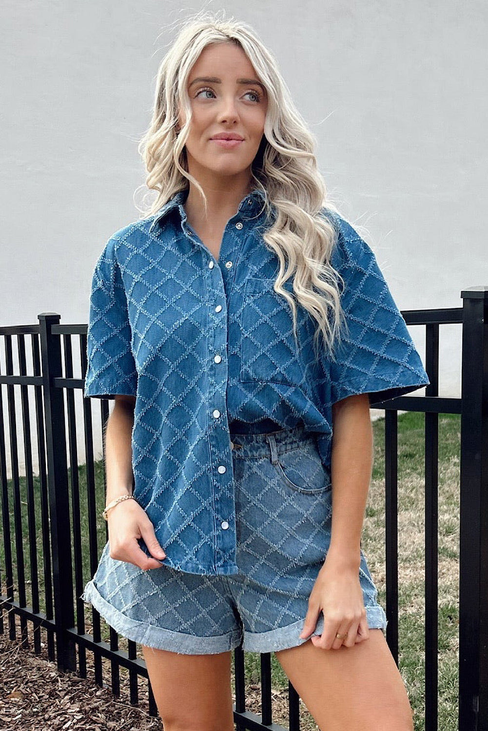 Dusk Blue Checkered Textured Short Sleeve Patched Pocket Denim Shirt