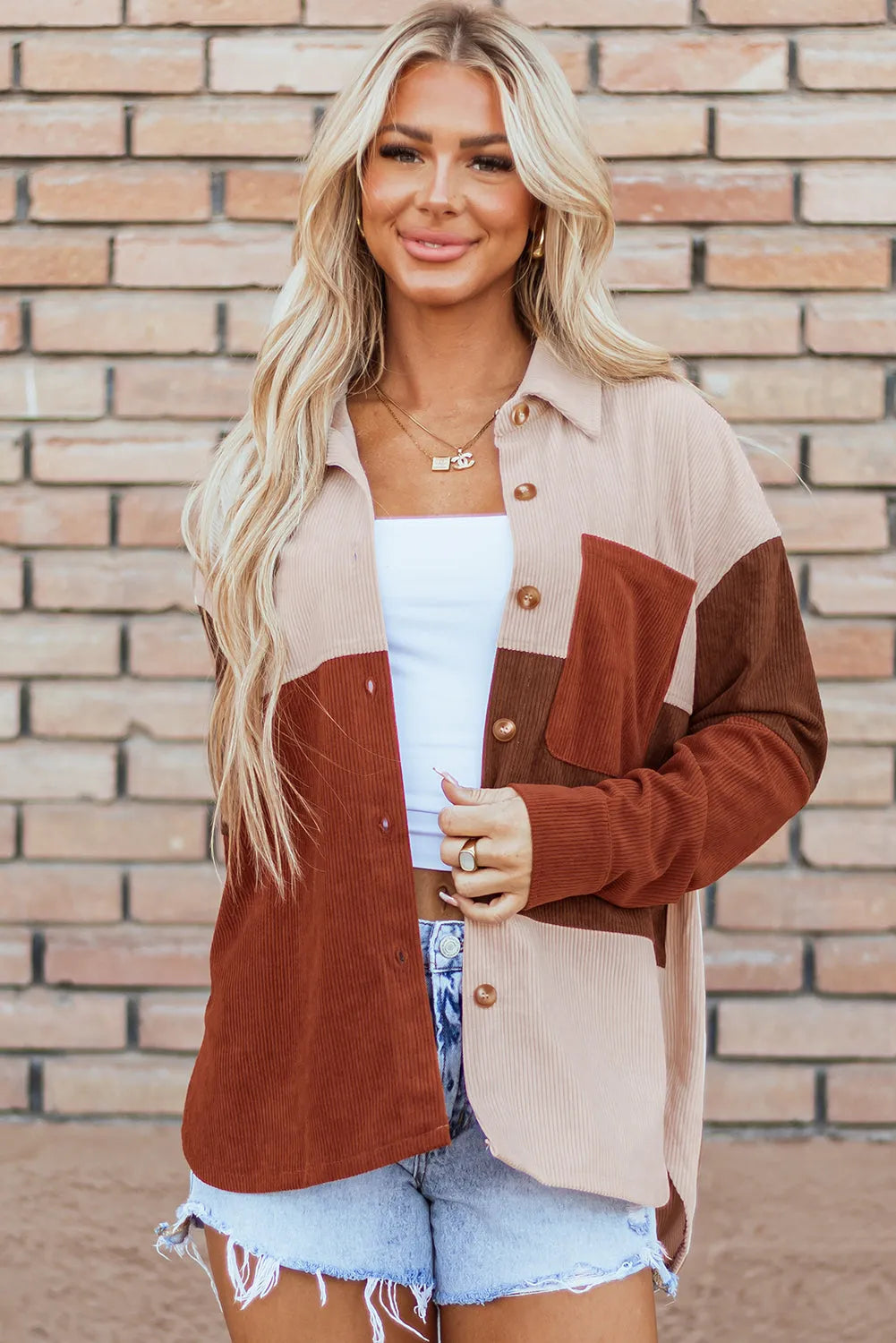 Cinnamon Colorblock Curved Hem Corduroy Shacket with Pocket - Chic Meadow Boutique 