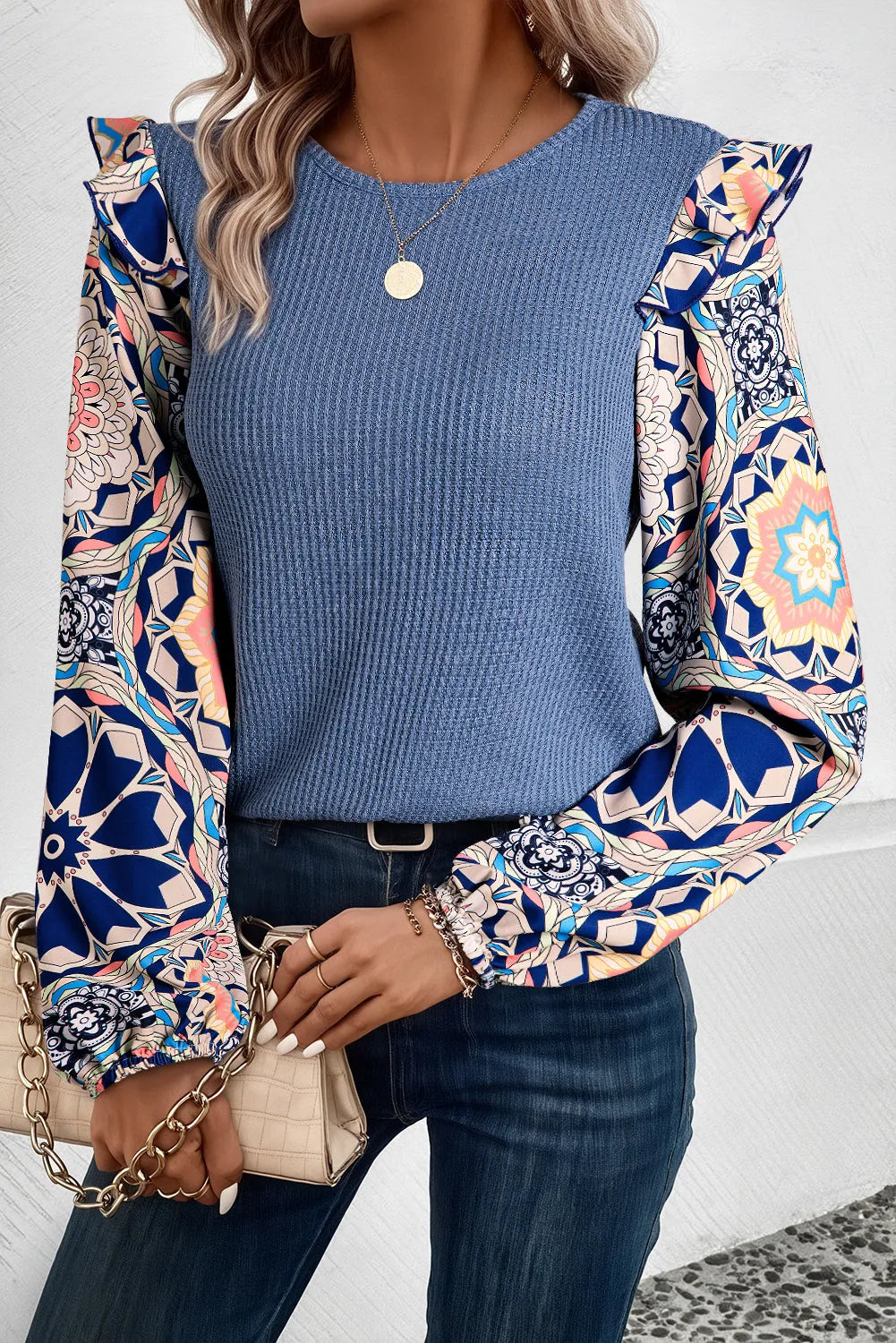 Ashleigh Blue Ruffled Floral Sleeve Patchwork Waffle Knit O Neck Blouse - Chic Meadow Boutique 