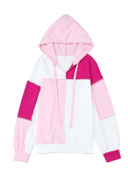 Pink Colorblock Exposed Seam Loose Sleeve Hoodie - Chic Meadow Boutique 