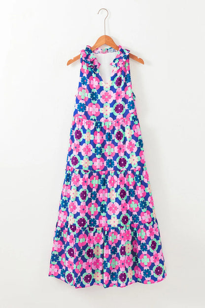 Blue Floral Print Frilly Neck Sleeveless Tiered Maxi Dress - Chic Meadow Boutique 