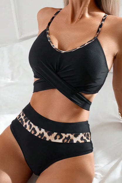 Black Leopard Splicing Criss Cross Tie Spaghetti Straps High Waisted Bikini - Chic Meadow Boutique 