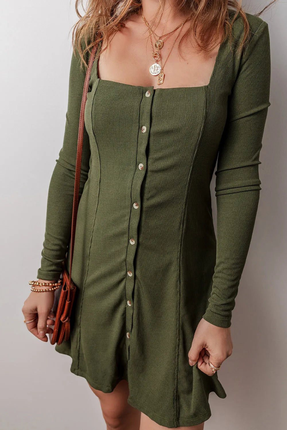 Guacamole Green Rib Knit Square Neck Buttoned Long Sleeve Mini Dress - Chic Meadow Boutique 