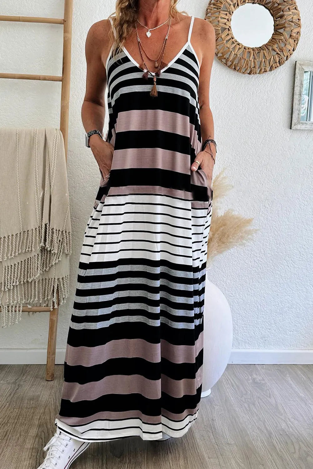 Dresses/Maxi Dresses Multicolour / S / 95%Polyester+5%Elastane Multicolour Mixed Stripes Spaghetti Straps V Neck Maxi Dress