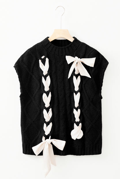 Black Cable Knit Colorblock Satin Bowknot Short Sleeve Sweater