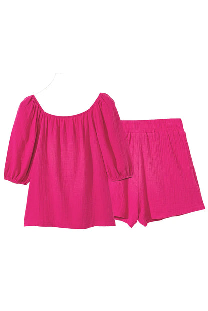 Bright Pink Crinkled Textured Square Neck Puff Sleeve and Shorts Set - Chic Meadow Boutique 