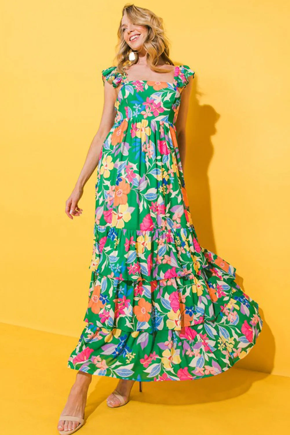 Green Floral Print Sleeveless Ruffle Tiered Maxi Dress - Chic Meadow Boutique 