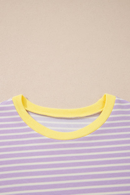 Purple Stripe Striped Colorblock Paneling Collar Cuff Hem Texture T-Shirt