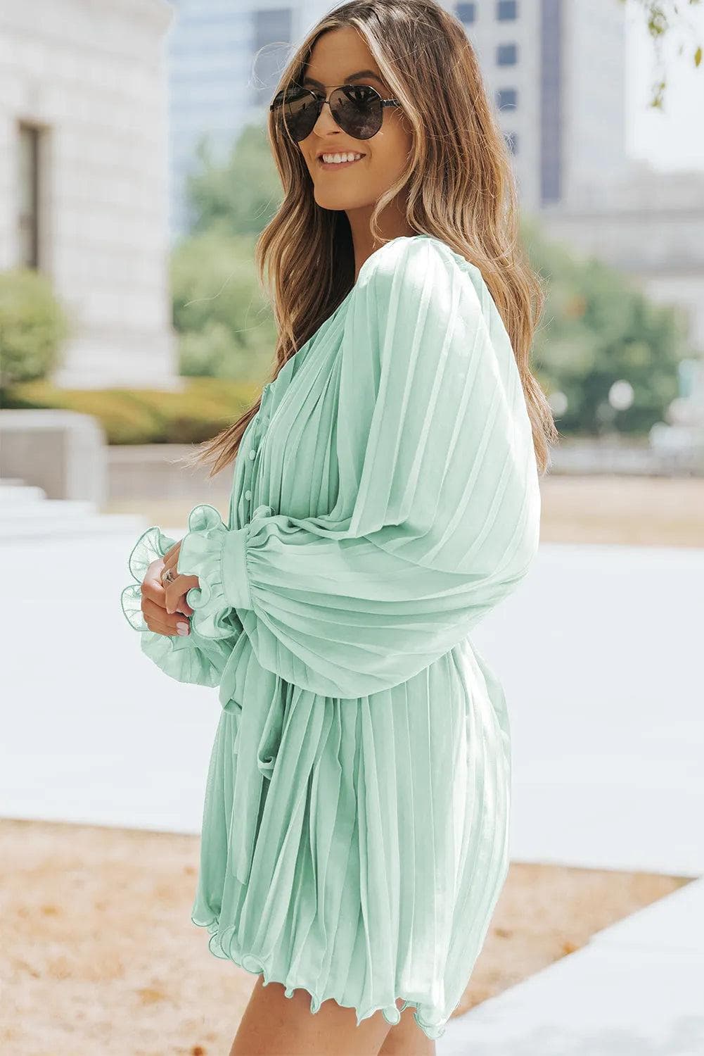 Bottoms/Jumpsuits & Rompers Green Pleated Ruffled Tie Waist Buttons V Neck Romper