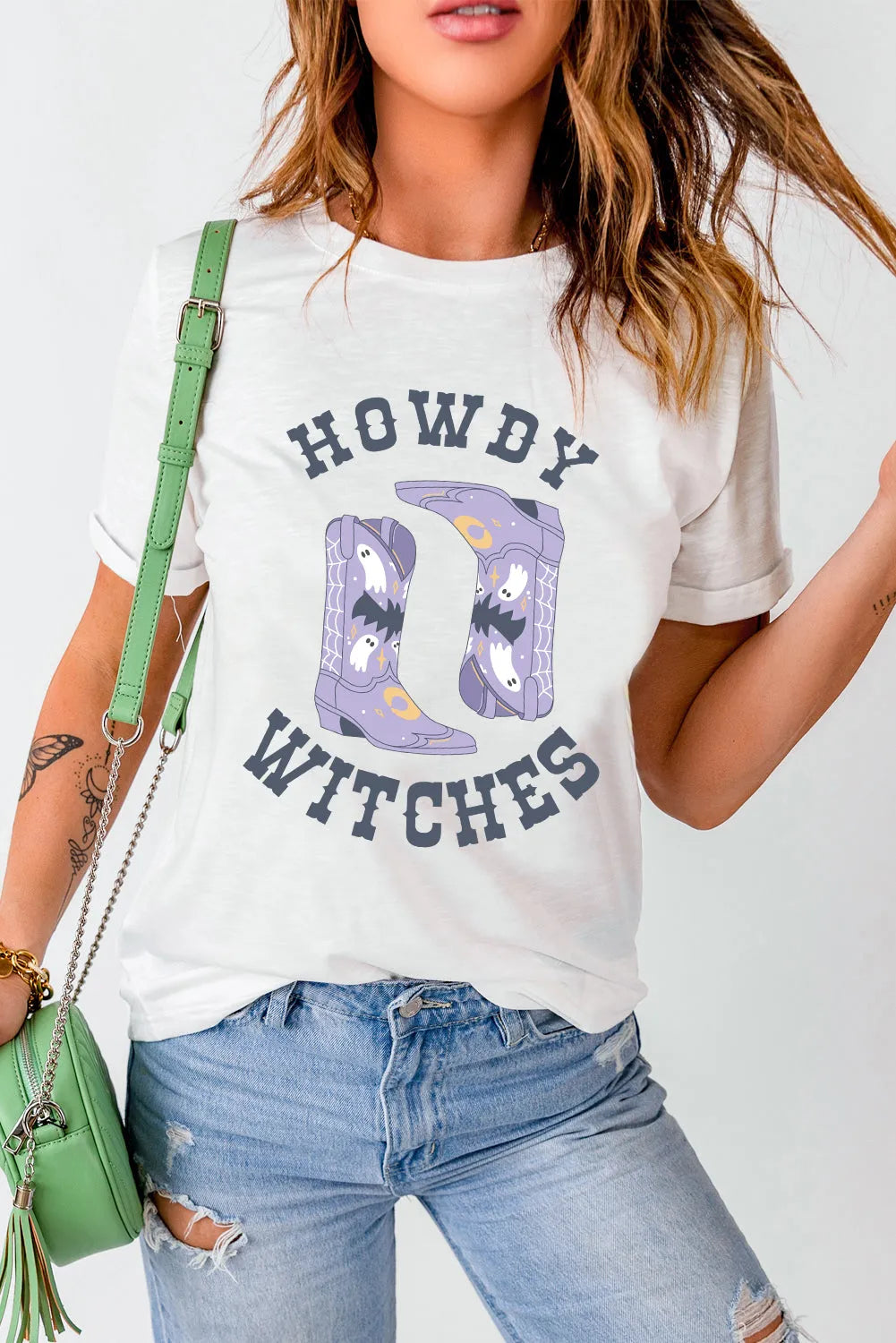 White HOWDY WITCHES Halloween Boots Crewneck T Shirt - Chic Meadow Boutique 