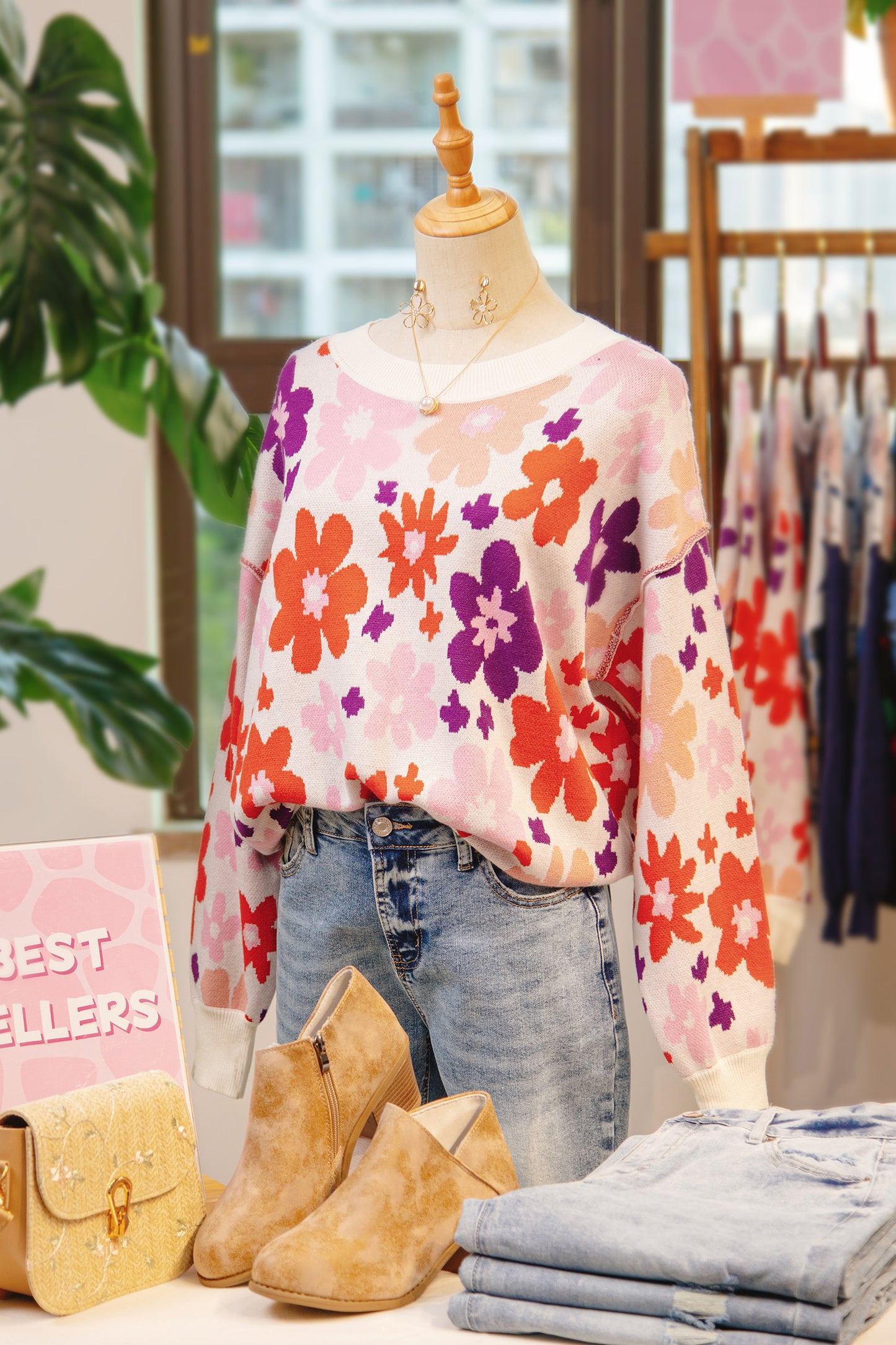 Khaki Fall Floral Pattern Drop Shoulder Sweater