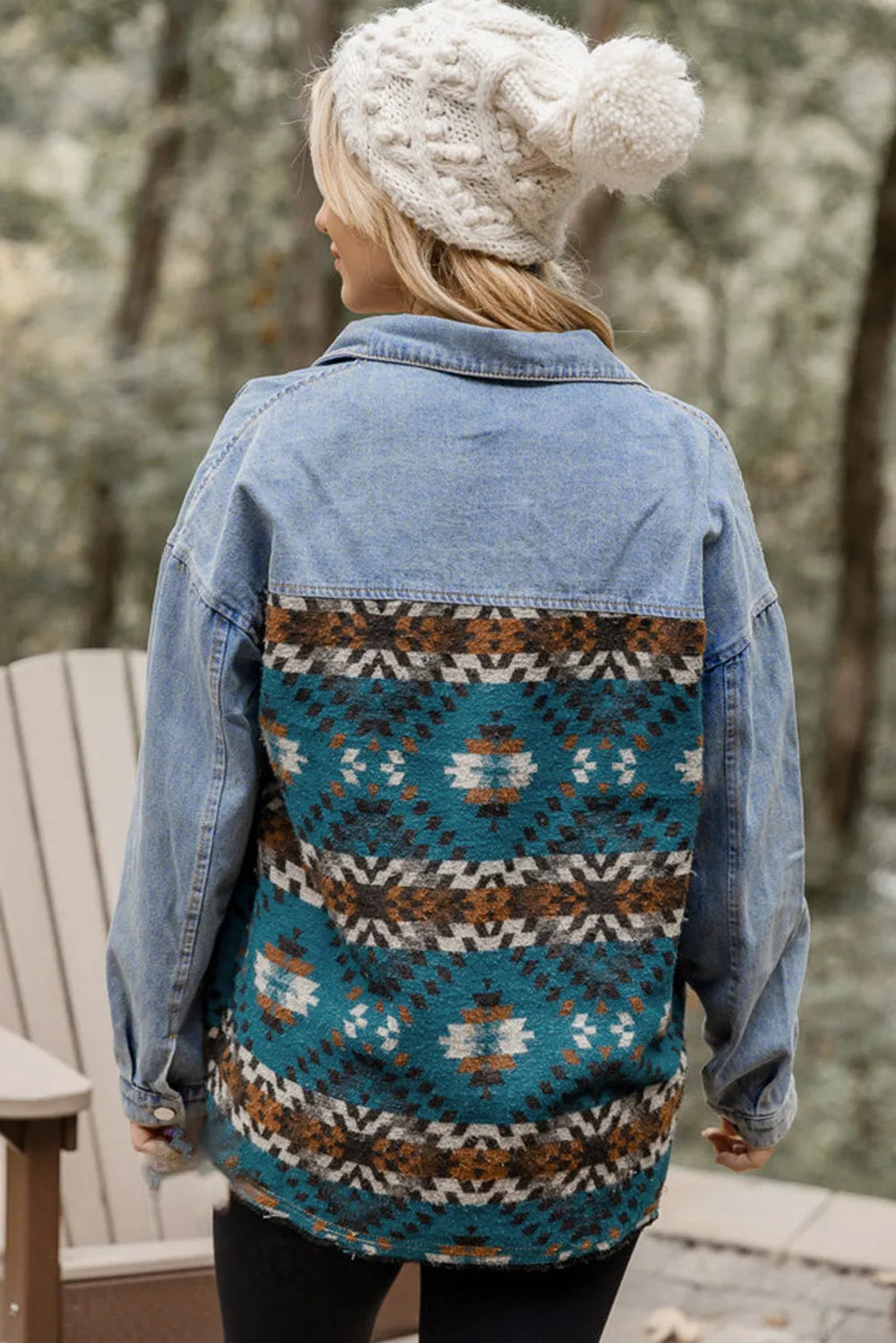 Blue Aztec Printed Denim Jacket - Chic Meadow Boutique 