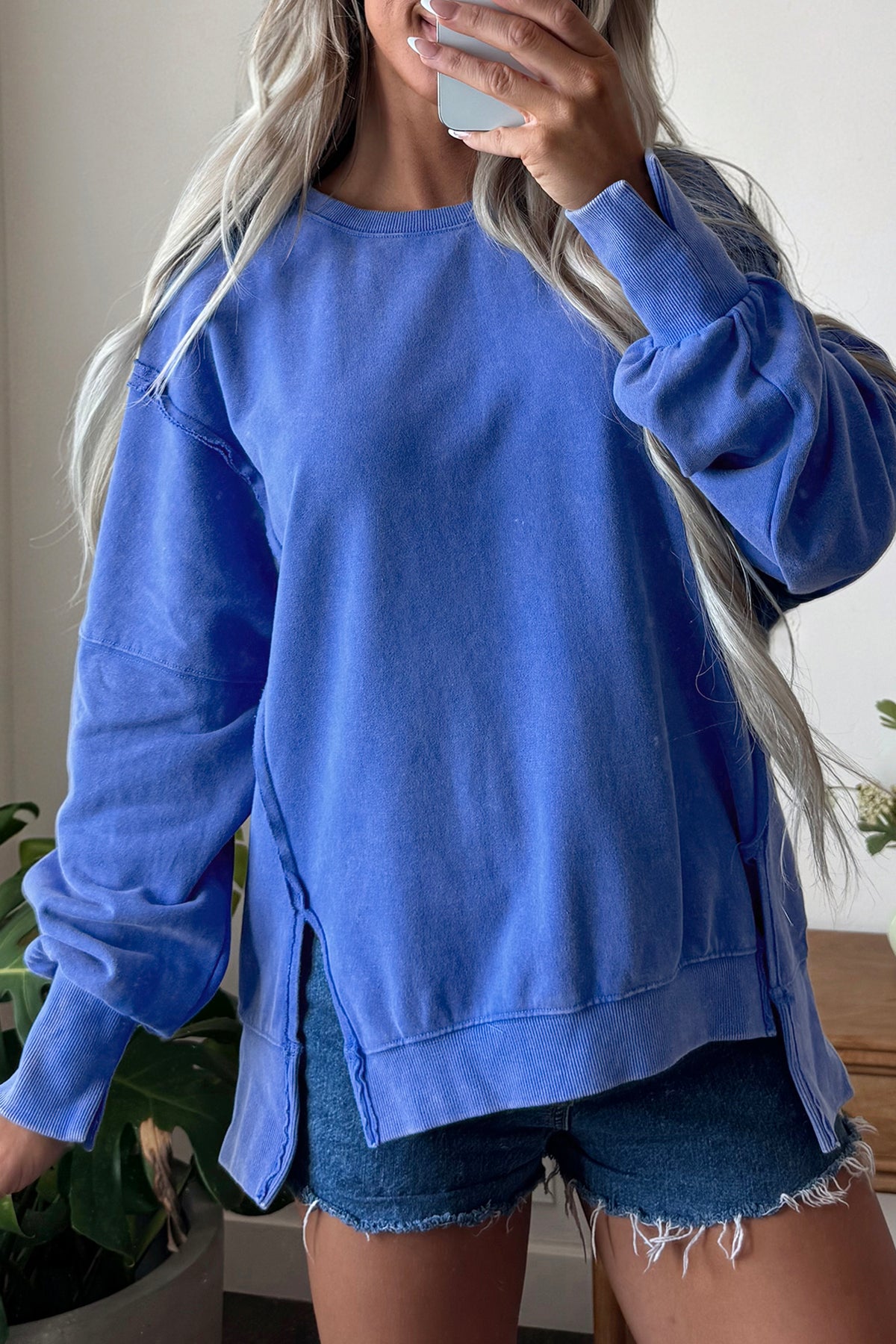 Sky Blue Mineral Wash Split Hem Loose Tunic Sweatshirt