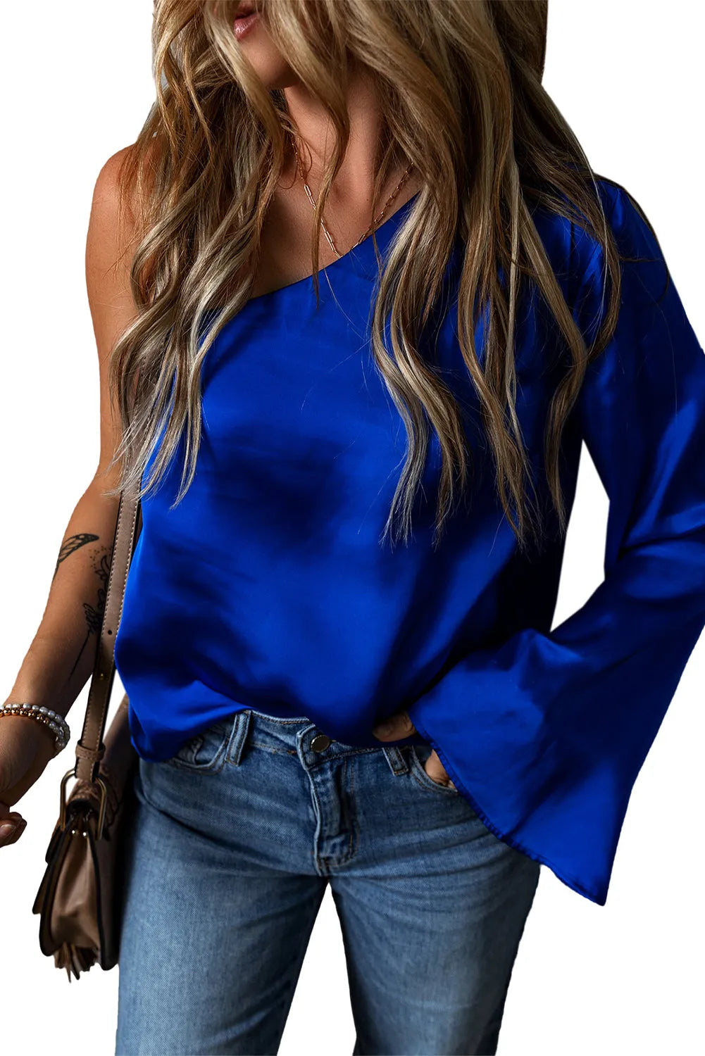 Dark Blue Asymmetric One Shoulder Bell Sleeve Satin Blouse - Chic Meadow Boutique 