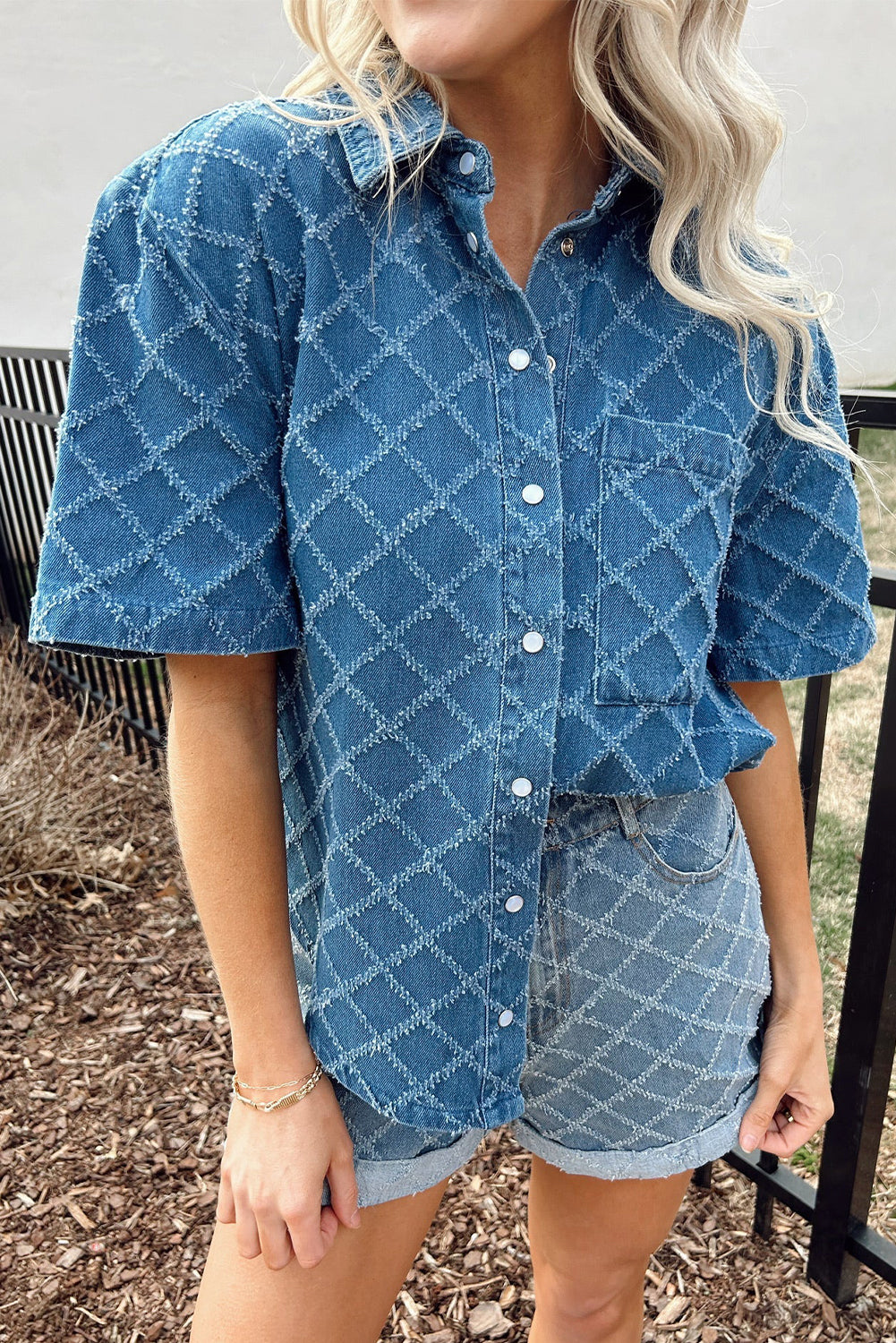 Dusk Blue Checkered Textured Short Sleeve Patched Pocket Denim Shirt