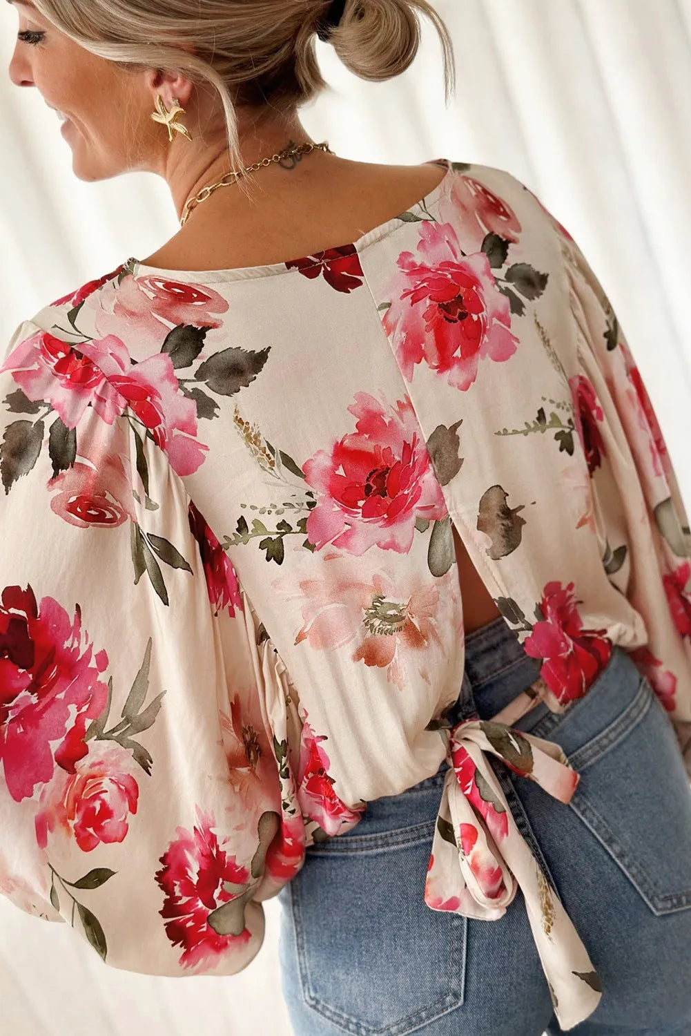 Rose Floral 3/4 Sleeve Lace-up Back Blouse - Chic Meadow Boutique 