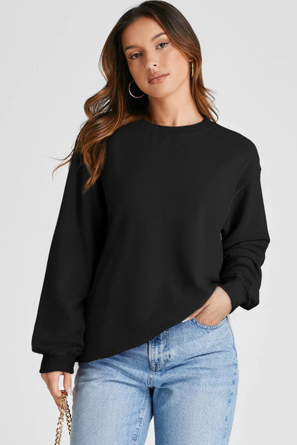 Black Plain Drop Shoulder Crewneck Pullover Sweatshirt - Chic Meadow Boutique 