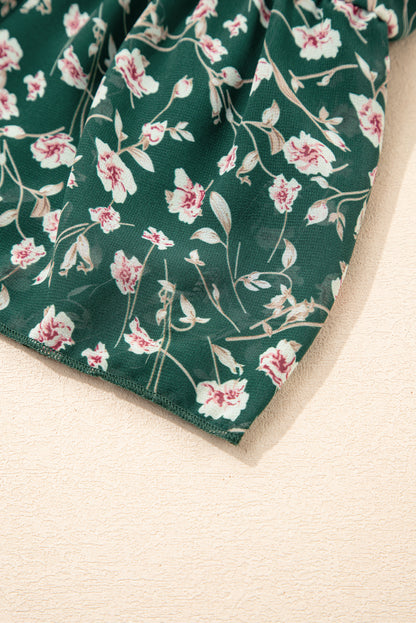 Green Smocked Square Neck Puff Short Sleeve Floral Dress