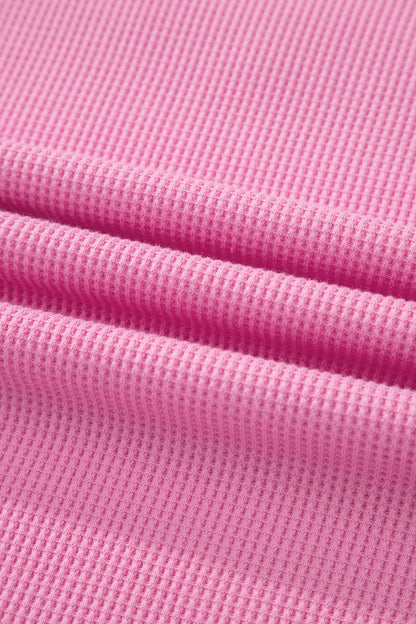 Pink Solid Color Raw Seam Waffled Patchwork Casual T Shirt