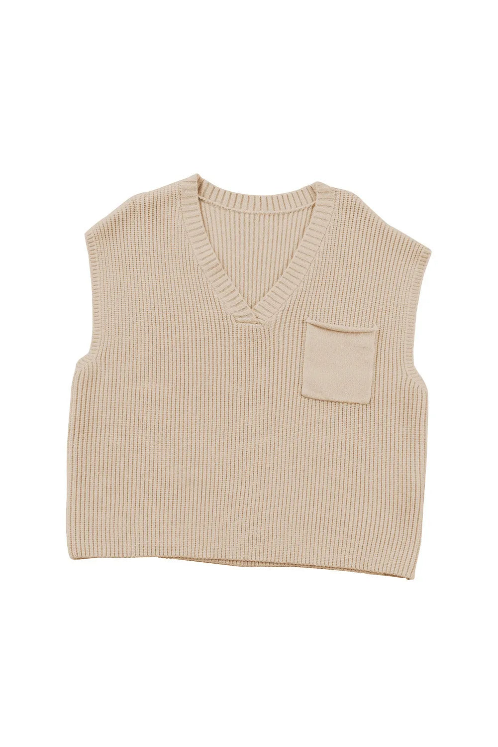 Apricot Chest Pocket V Neck Ribbed Cap Sleeve Sweater - Chic Meadow Boutique 