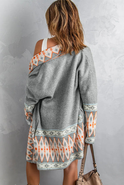 Gray Aztec Print Open Front Knitted Cardigan - Chic Meadow Boutique 