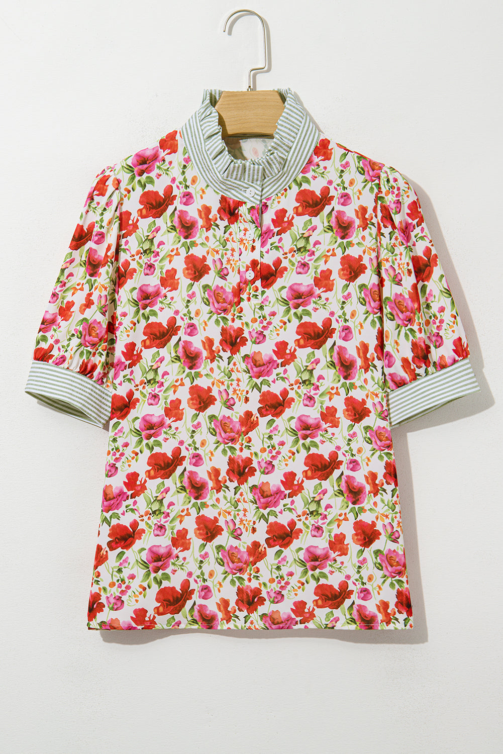 Red Floral Print Striped Patchwork Collared Short Sleeve Blouse