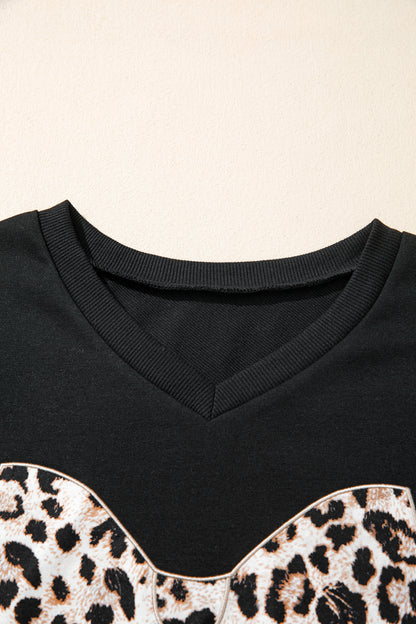 Black Contrast Leopard Bow Patched V Neck Loose Tee Drawstring Shorts 2pcs Outfit