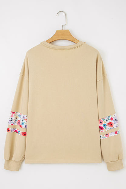 Pale Khaki Floral Applique Baggy Pullover Sweatshirt