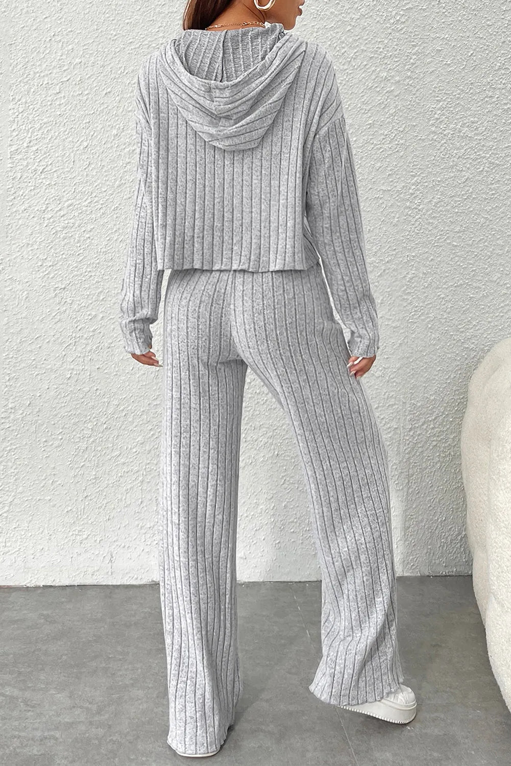 Gray Ribbed Knit Slouchy Hoodie Wide Leg Pants Set - Chic Meadow Boutique 